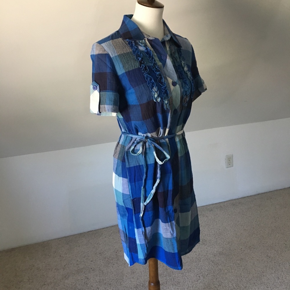 Checkered Color Block County Blue Button Dress - Picture 6 of 7